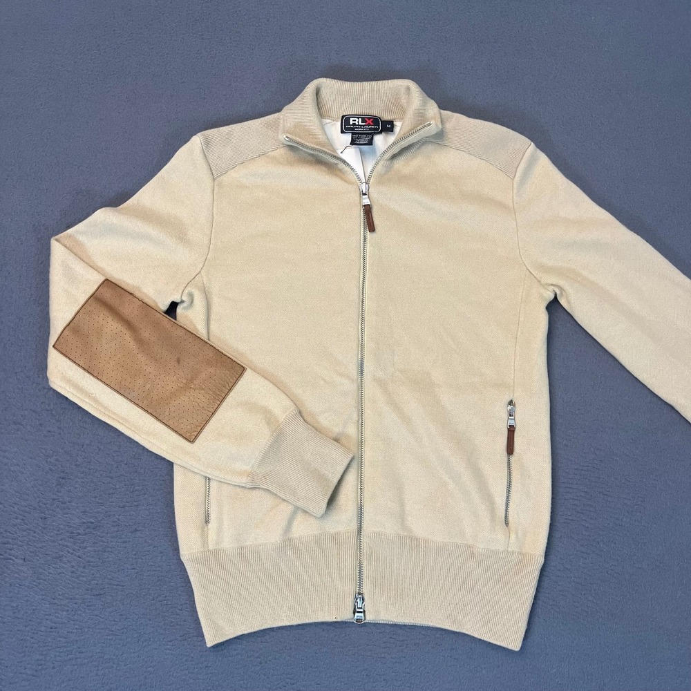 RLX Ralph Lauren Women Med Beige Cashmere Blend Full Zip Sweater Elbow Patch VTG